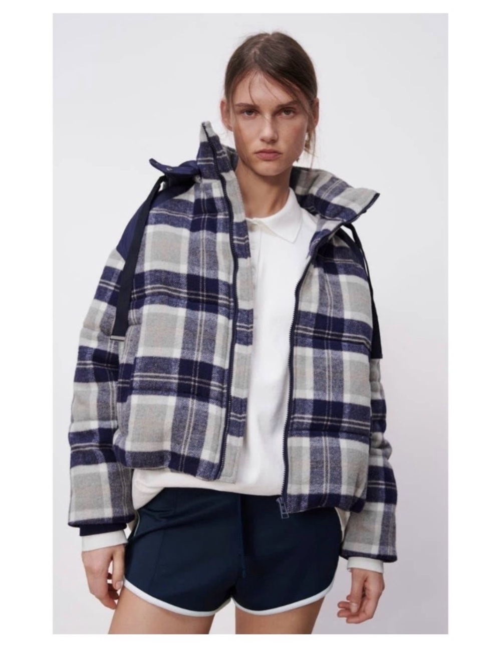 Zara Navy & Gray Wool Blend Plaid Puffer Jacket Bomber Jacket Hooded